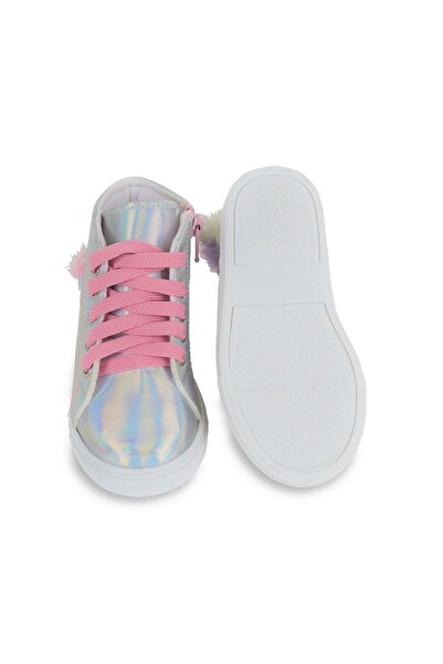 First Step Unicorn Embroidered Furry Pink Lace Detailed Zippered Silver Girl's Sneaker Sports Shoes-s-1003