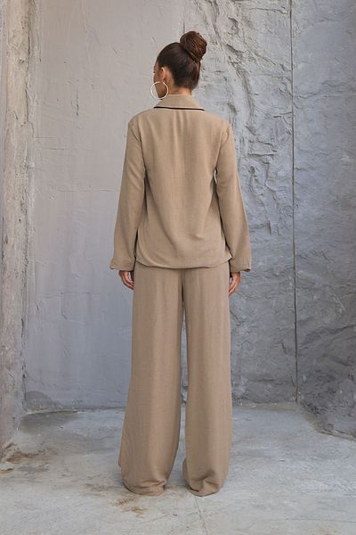 OUZ Fashion Σετ λινό γυναικείο πουκάμισο και παντελόνι - με σωλήνες και τσέπες