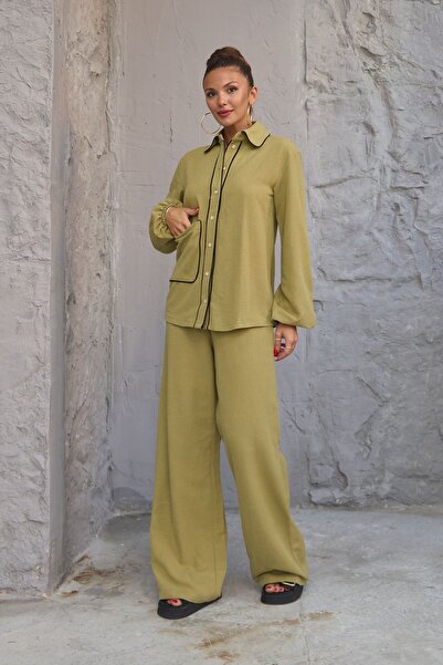 OUZ Fashion Σετ παντελόνι πουκάμισο με τσέπες Lucky Life Γυναικείο λινό