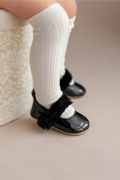 First Step Black Furry Velcro Patent Leather Baby Girl Ballerina Booties First Step Shoes-g-2355