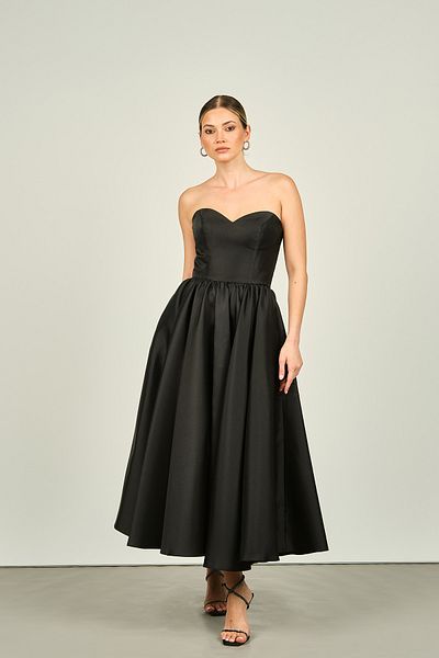 DORİDORCA Doridorca Black Satin Strapless Ankle Length Evening Dress 6064