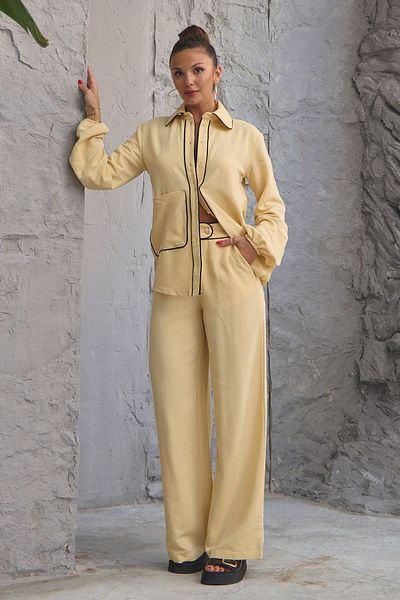 OUZ Fashion Lucky Life Women's Linen Bias Pocket Shirt Pants Set