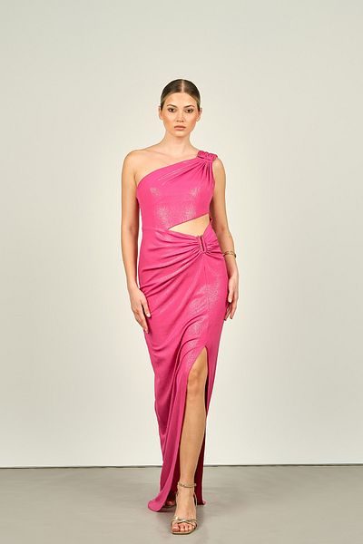 DORİDORCA Fuchsia Doridorca Women's Evening Dress - Single Shoulder, Window Detail, Fish Form, Glitter Shiny Fabric 6036