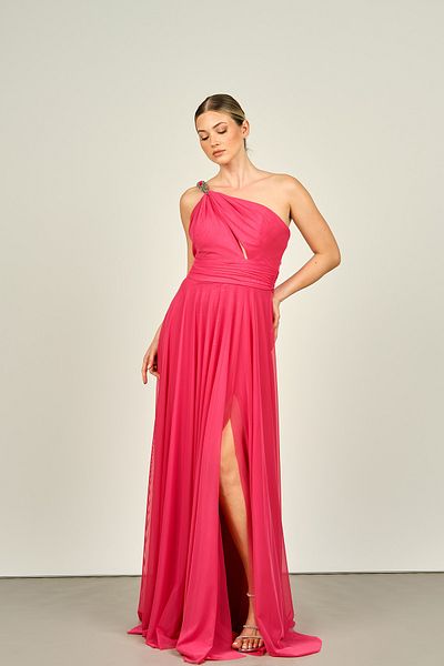 DORİDORCA Rochie de seară lungă din șifon pentru femei Doridorca fucsia - un singur umăr și broderie cu pietre 6037