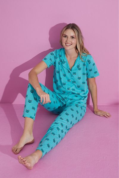 PİJAMOOD Cotton Short Sleeve and Printed Women's Pajamas Set