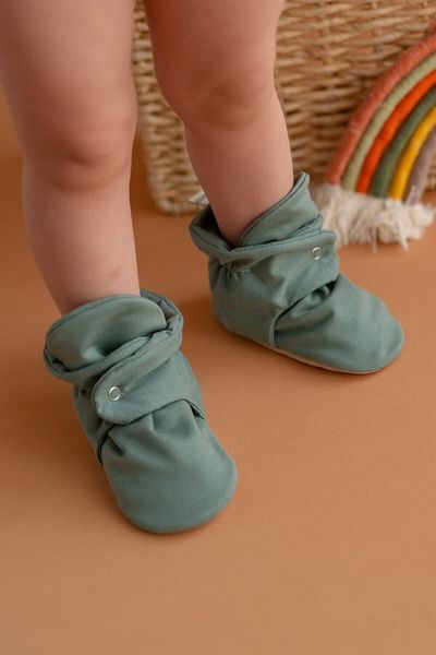 First Step Organic Cotton Green Slippers with Non-Slip Base Snaps