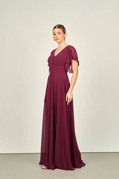 ESCOLL V-Neck Short Sleeve Long Women's Evening Dress - Plum 1786