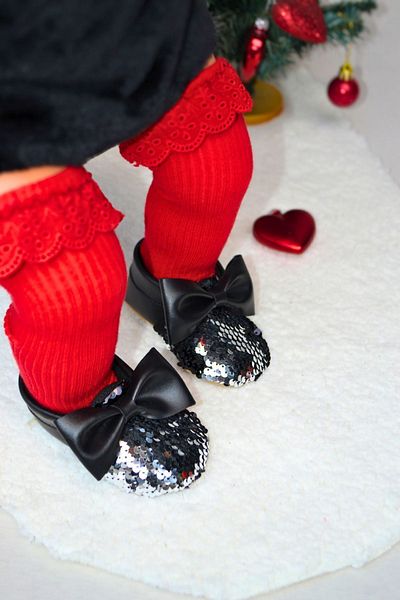 First Step Black Silver Sequined Bow Baby Girl Ballerina Booties G-2366