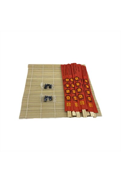 TRENDY Kırmızı Chopstick 10 Ad Chopstick Aparatı 2 Ad Sushi Mat Sushi Sarma Hasırı 27 Cm