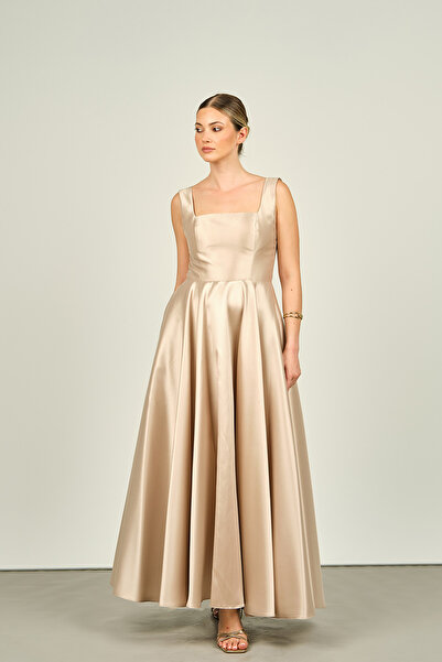 DORİDORCA Doridorca Kadın Kare Yaka Kalın Askılı Bilek Boy Saten Abiye Elbise 6098 Bej