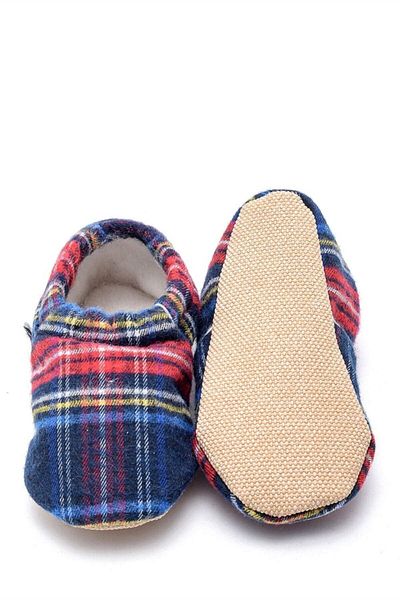 First Step Plaid Patterned Non-Slip Sole Winter Booties Blue F-823