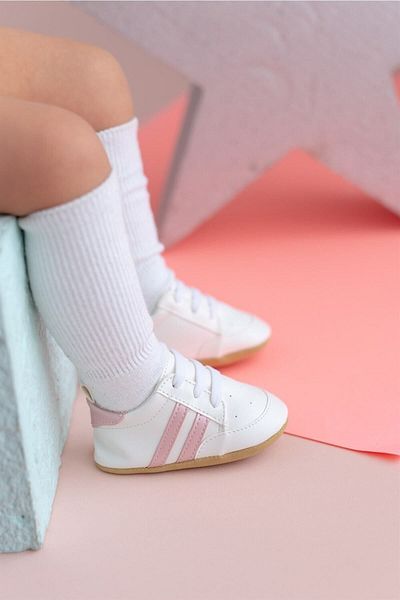 First Step Pink Striped White Baby Girl Sport Booties First Step Shoes-g-2354