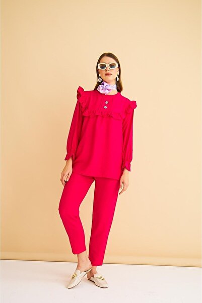 Basicpark Porty Stone Embroidered and Ruffle Detailed Fuchsia Tunic Trousers Set