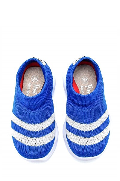 First Step Ultra Hafif Memory Foam Iç Taban Çocuk Triko Spor Ayakkabı Beyaz Şeritli Saks-m-1002