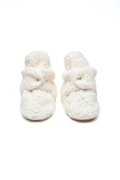 First Step Ecru Plush Non-Slip Based Cotton Lined Snap Slippers