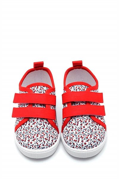First Step Flower Patterned Double Velcro Linen Sports Kids Shoes-red-f-498