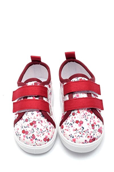 First Step Flower Patterned Double Velcro Linen Sports Kids Shoes-burgundy-f-498