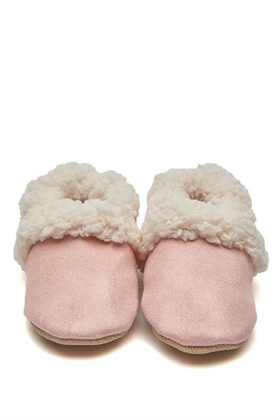First Step Faux Wool Plush Pink Suede Anti-Slip Sole Booties