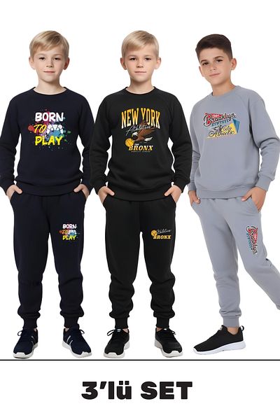 YA KO KİDS Σετ φόρμας 3 τεμαχίων Born-New York-brooklyn Printed Boy's στρογγυλή λαιμόκοψη μαύρο-σκούρο μπλε-γκρι