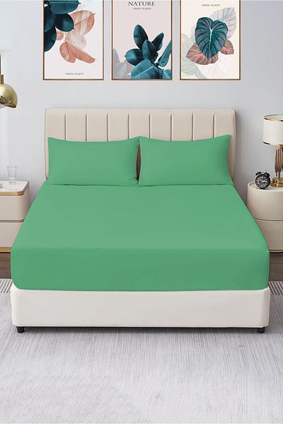CASPARA Dark Green Double Size 180x200 Elastic Sheet Set - 2 Pillowcases Inclus