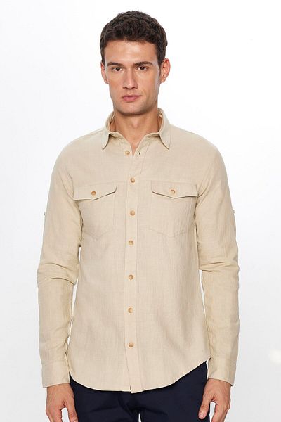 Tudors Αθλητικό πουκάμισο σε χρώμα Stone Slim Fit - Μακρύ μανίκι, 100% βαμβακερό λινό, διπλή τσέπη