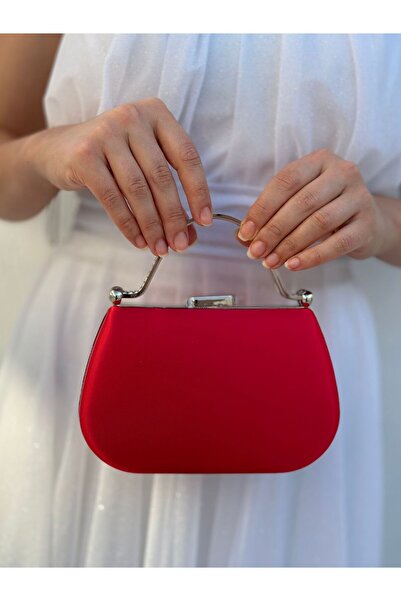 Sh Poly Kadın Saten Kırmızı Abiye Clutch Portföy Zincir Askılı El Düğün Nişan Gece Omuz Çantası