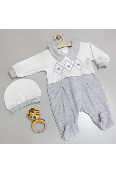 Sönmez Baby YAKALI KARE MOTİFLİ KADİFE TULUM VE ŞAPKASI İKİLİ ERKEK BEBE TAKIM
