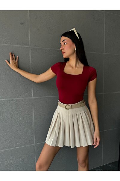 minaaise Bordo Kare Yaka Kısa Kollu Slimfit Basic Body 27174