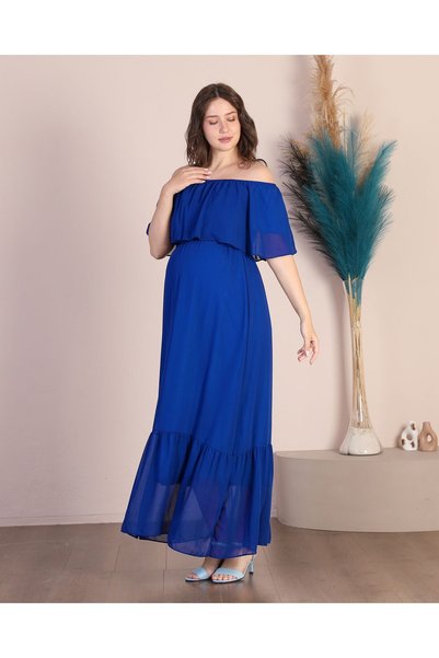 Azra Style Maternity Ruffled Collar Maxi Length Chiffon Dress New Season 8009 Cobalt Blue
