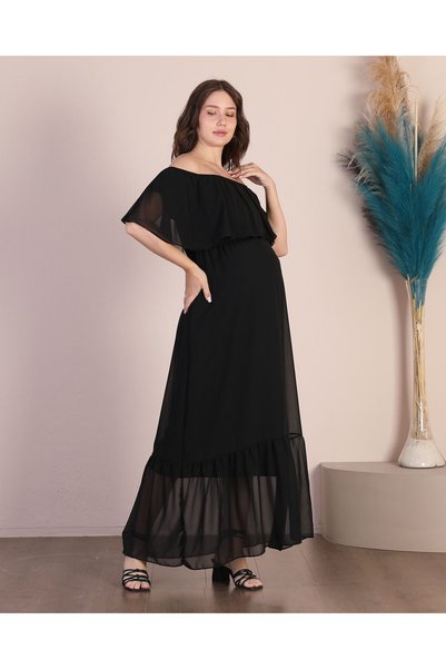 Azra Style Maternity Ruffle Collar Maxi Length Chiffon Dress New Season 8009 Black