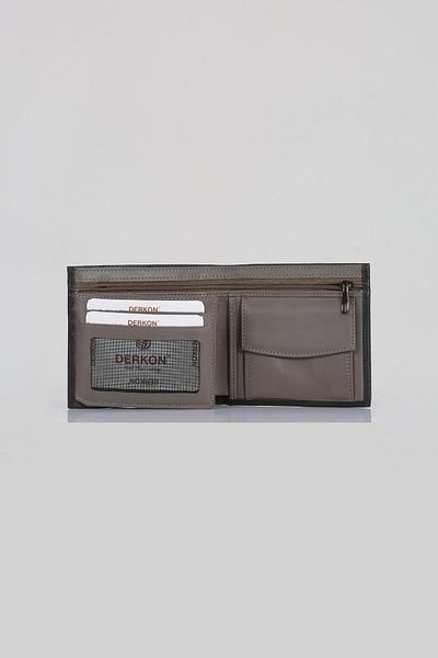 DERKON Men's Wallet - Genuine Leather, Black Outside, Gray Inside, Zipper Detail
