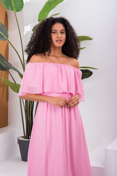 Azra Style Kadın Maxi Boy Eteği Fırfırlı Şifon Elbise 5009 Pembe