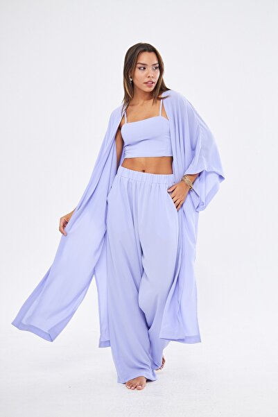 GIA - ART Kimono 3 Parça Büstiyerli Lila Renk Alt-üst Takım (MEDİNE IPEĞİ)