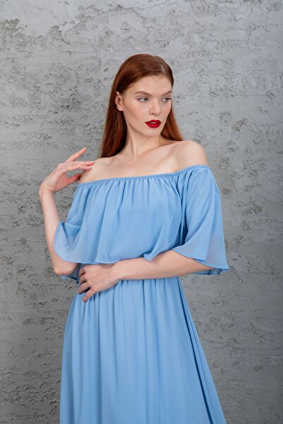Azra Style Kadın Maxi Boy Eteği Fırfırlı Şifon Elbise 5009 Bebe Mavisi