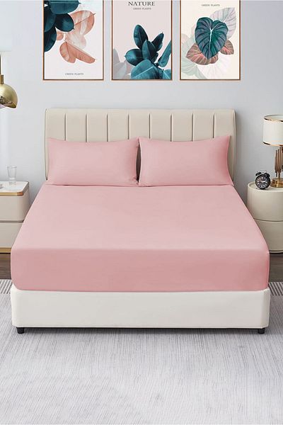 CASPARA Double Oversized 180X200 Elastic Dusty Rose Bed Sheet Set 2 Pillowcases