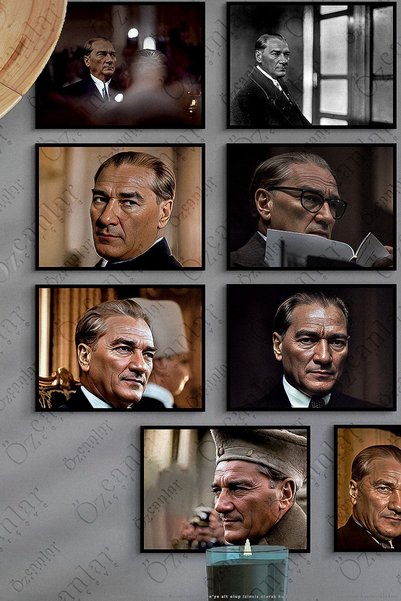 ÖZCANLAR ÇERÇEVE Atatürk Çerçevesiz Çerçeve Görünümlü Atatürk Fotoğrafları 14 Parça Mdf Tablo Seti Mdf Baskı Atam