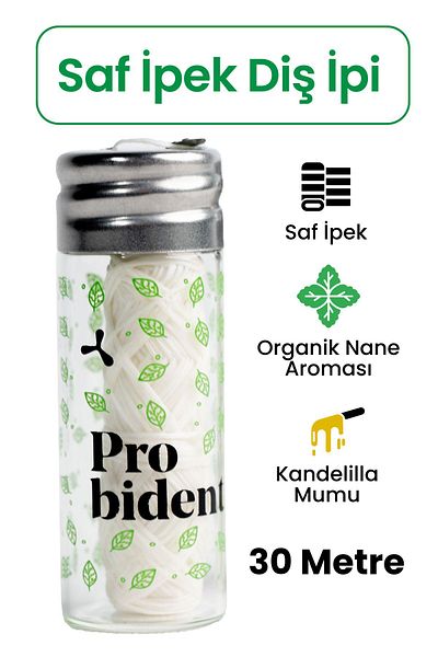 Probident Pure Silk Mint Flavored Dental Floss - Plastic-Free Sensitive Label Holder in 30m Glass Bottle