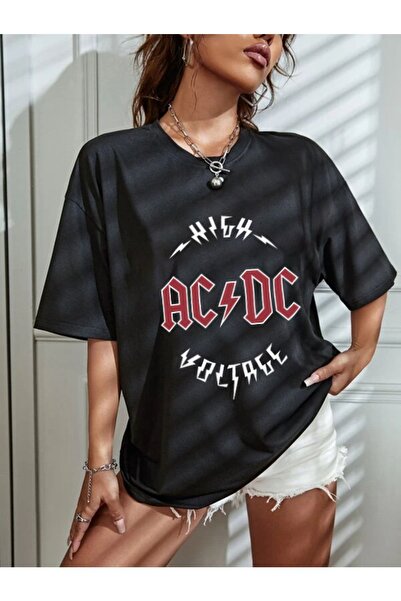 NEW MODA Tricou cu imprimeu negru unisex Acdc oversize