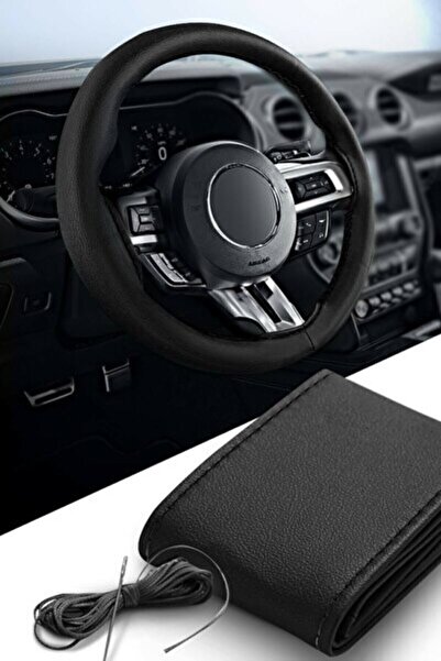 MeyZone Direksiyon Kılıfı Düz Deri Dikişli Dikmeli Direksiyon Kılıfı Siyah Dikişli