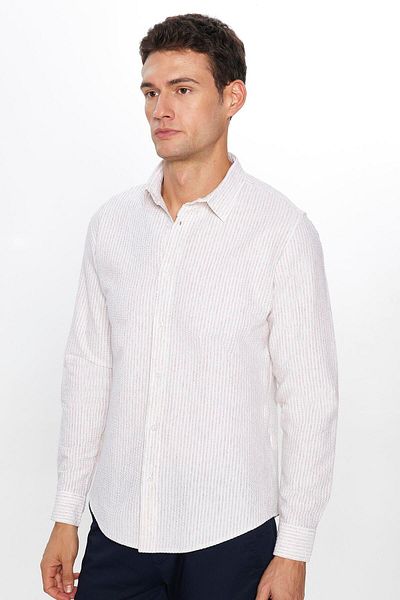 Tudors Λευκό ριγέ Slim Fit Βαμβακερό αθλητικό γιακά πουκάμισο - μακρυμάνικο