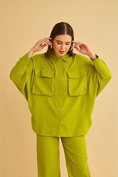 Basicpark Meva Pocketed Bat Sleeve Linen Olive Shirt Trousers Set