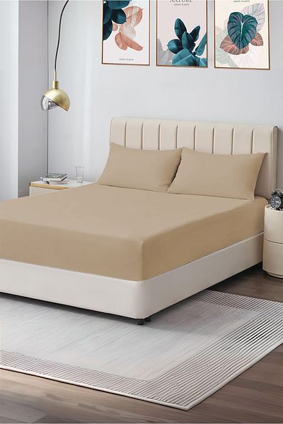 CASPARA Комплект чаршафи с двоен еластичен капучино 180x200 - 2 калъфки за възглавници