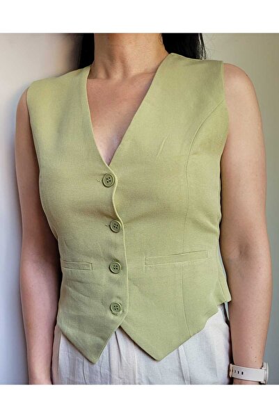 NEVEGE BUTİK Жіночий льняний жилет кольору оливкової зелені - елегантність з підкладкою