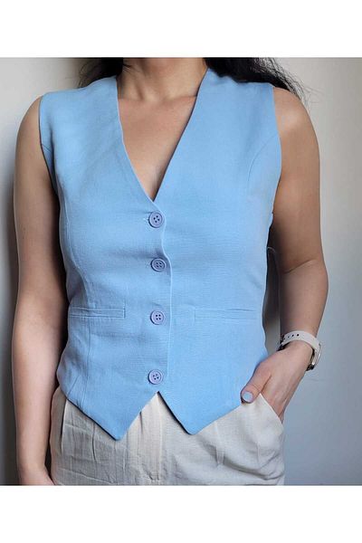 NEVEGE BUTİK Vestă de damă din in elegant Baby Blue - căptușită