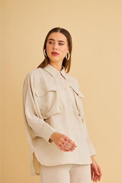 Basicpark Meva Pocket Bat Sleeve Linen Stone Shirt Trousers Set