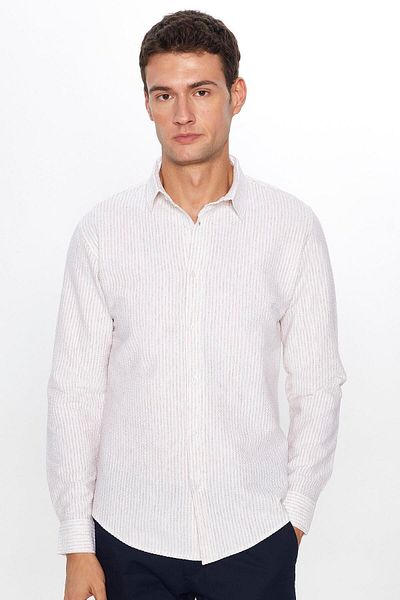 Tudors Λευκό ριγέ Slim Fit Βαμβακερό αθλητικό γιακά πουκάμισο - μακρυμάνικο