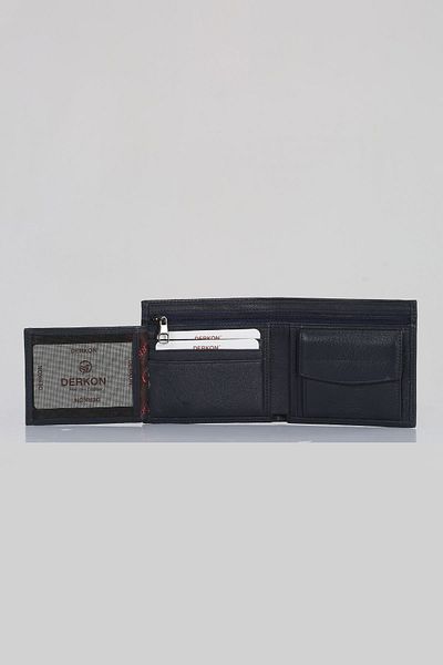 DERKON Navy Blue Genuine Leather Flat Wallet - Zipper Detailed