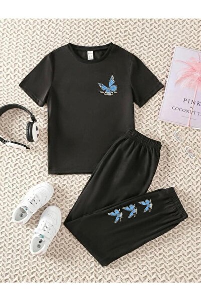 NoVibe Set de trening negru cu model fluture pentru fete