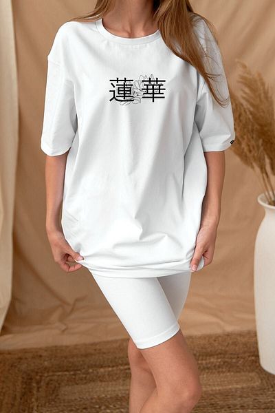 Pasage Marecash Oversize Λευκό T-shirt με εκτύπωση Lotus Japan