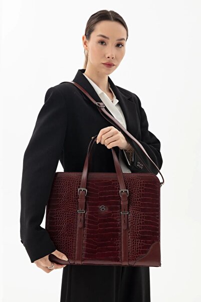 deridense Γυναικεία Τσάντα Laptop Χαρτοφύλακας Claret Red Crocodile